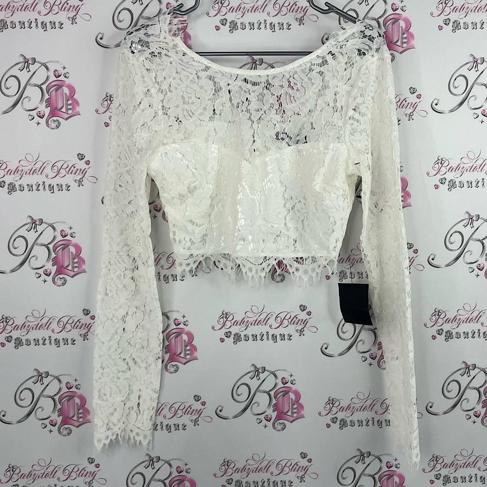 Lulu's long sleeve lace top bustier style White Lace Long Sleeve Crop Top